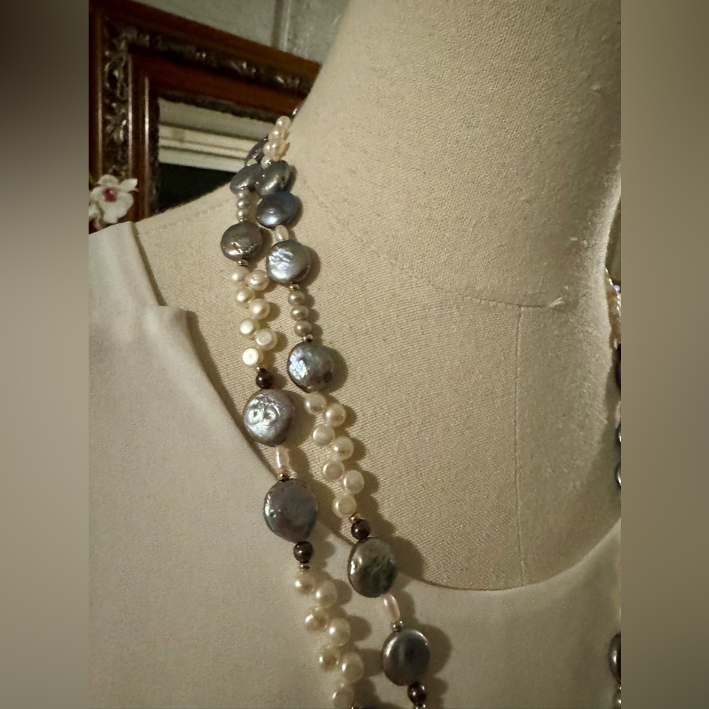 52” Zoe B. 14K Gold & Double Strand Coin Pearl Necklace - Picture 5 of 6